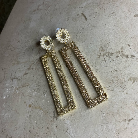 Gold Sparkly Rectangular Earrings - Picture 2 of 4